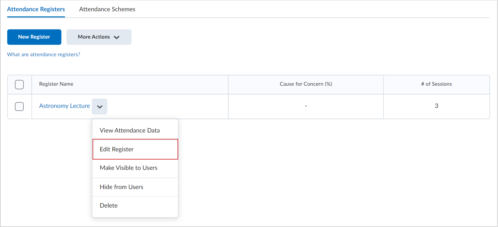 The Attendance Registers tab. The Actions menu for a register is open to show the Edit Register option.