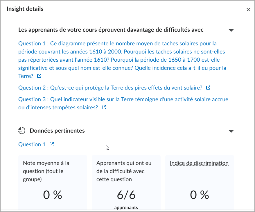 Détails des renseignements pour la question 3 : les personnes qui ont éprouvé de la difficulté et l'indice de discrimination ont connu la classe avec la note moyenne, les apprenants qui ont éprouvé de la difficulté et l'indice de discrimination.
