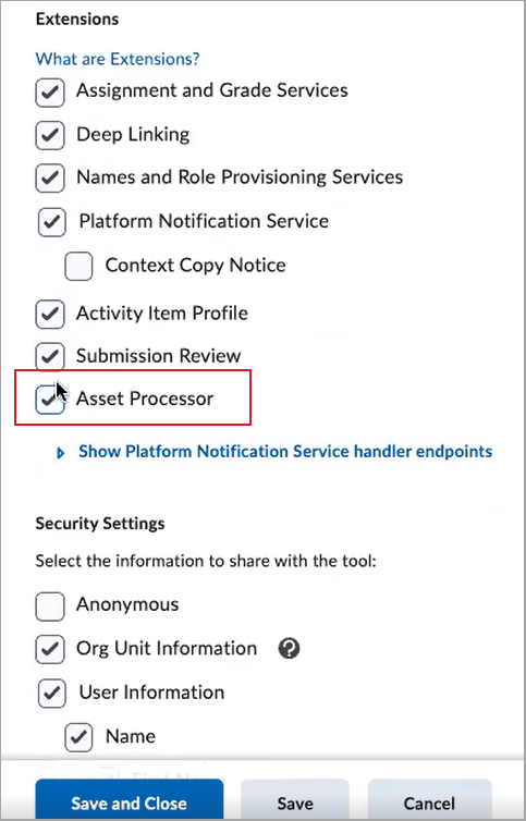 In an Extensions checklist, the Asset Processor checklist item is outlined in red