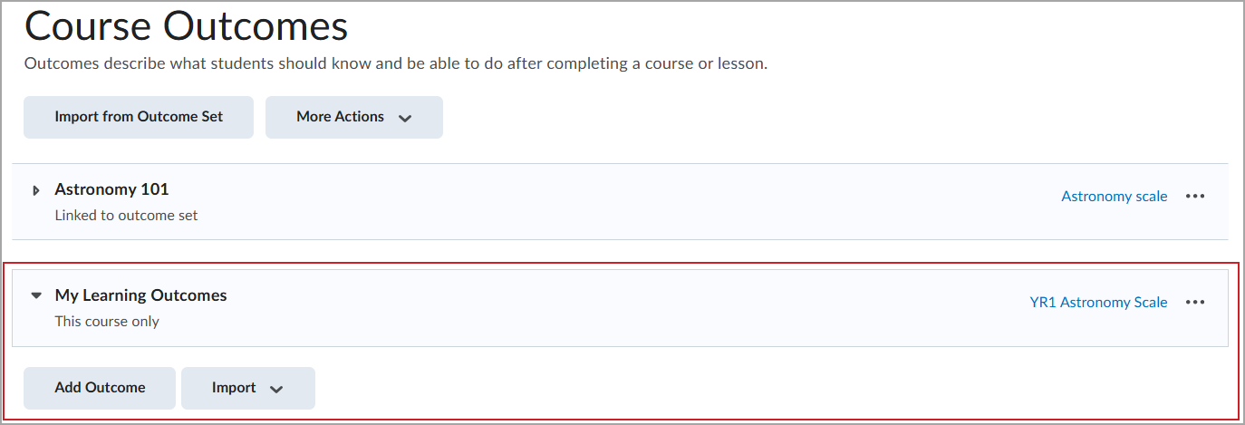 My Learning Outcomes section highlighted on Course Outcomes page