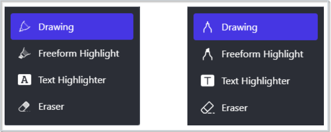 A comparison of the ink tool icons between the previous icon style (left) and the new icon style (right).
