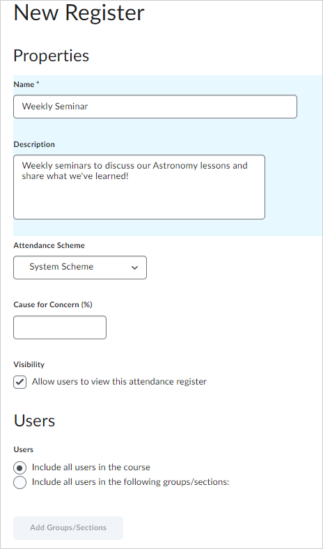 De pagina Nieuw register van de tool Deelname.