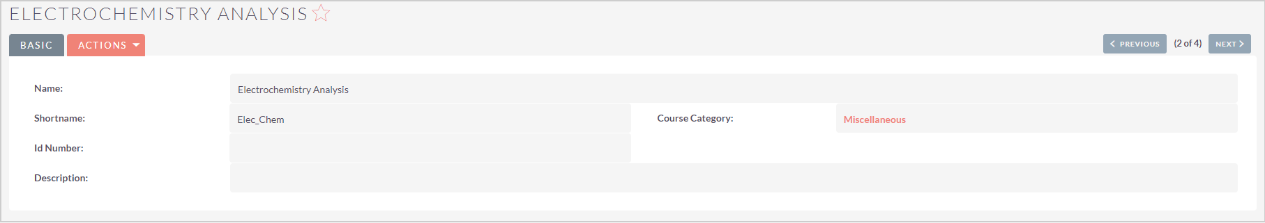 A course record showing the basic information