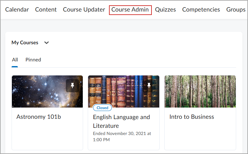 Organizational home page with Course admin highlighted in the navbar