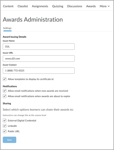Awards Administration Settings page showing issuer details notifications and sharing options with save button