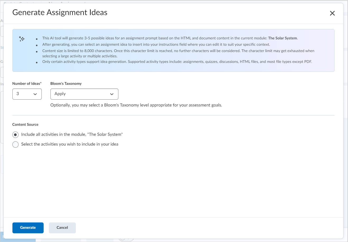 El menú desplegable Número de ideas, el menú desplegable de nivel de Taxonomía de Bloom y las opciones de Fuente de contenido en el cuadro de diálogo Generar ideas de asignación.