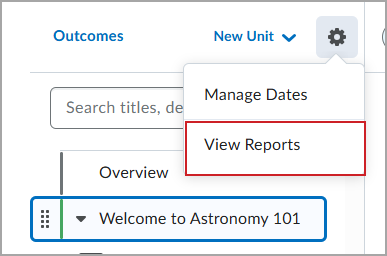 The Course Options menu showing the View Reports option