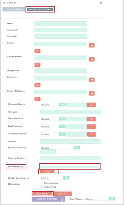 The Advanced Filter icon with the advanced filter search options below