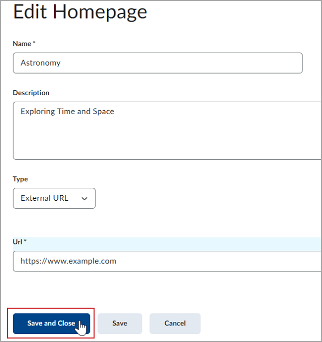 The Edit Homepage page with the Save and Close button highlighted