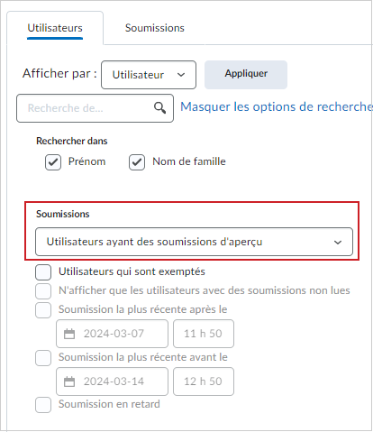 L'onglet Utilisateurs. La section Soumissions comprenant l'option sélectionnée Utilisateur ayant un aperçu des soumissions.