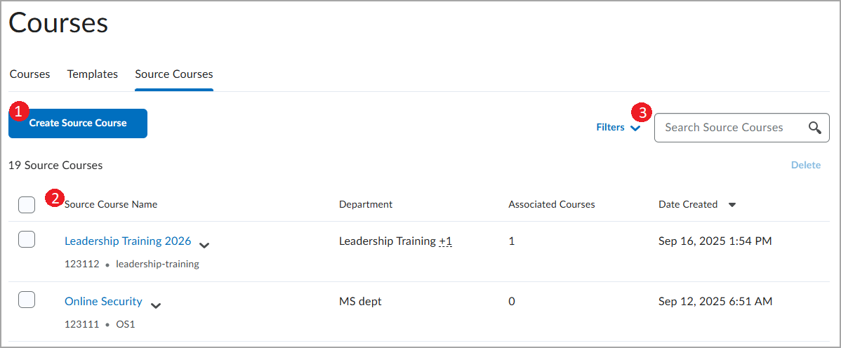 Source Course tab selected showing a list of source courses with page elements called out
