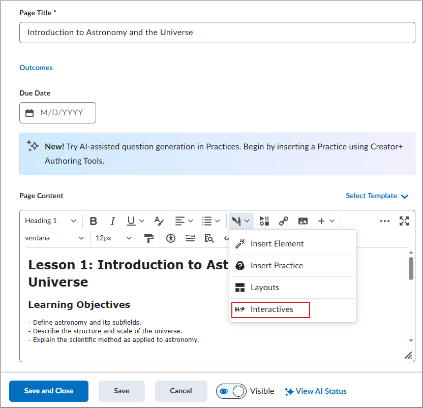 Brightspace® Editor met het menu Creator+-tools voor schrijven weergegeven en H5P-interactives geselecteerd.