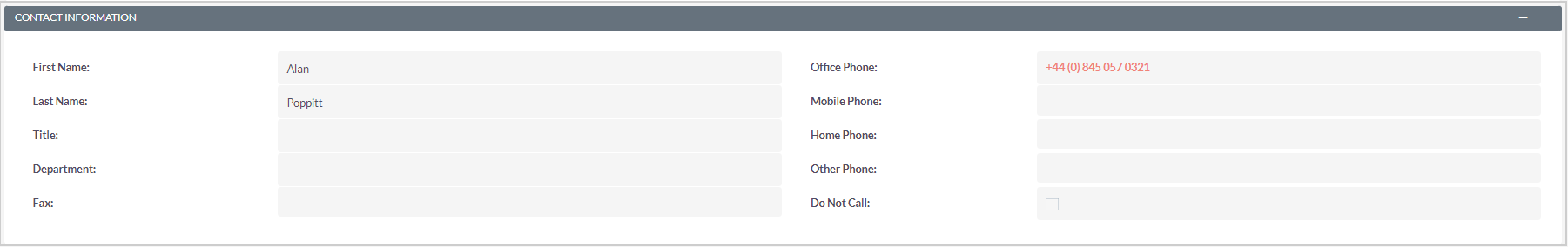 The Contact Information sub-panel showing a learner's contact details