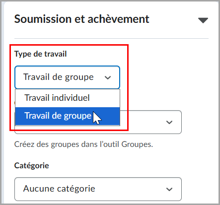 Paramètres du travail montant la section Type de travail avec Travail de groupe sélectionné sous Soumission et achèvement.