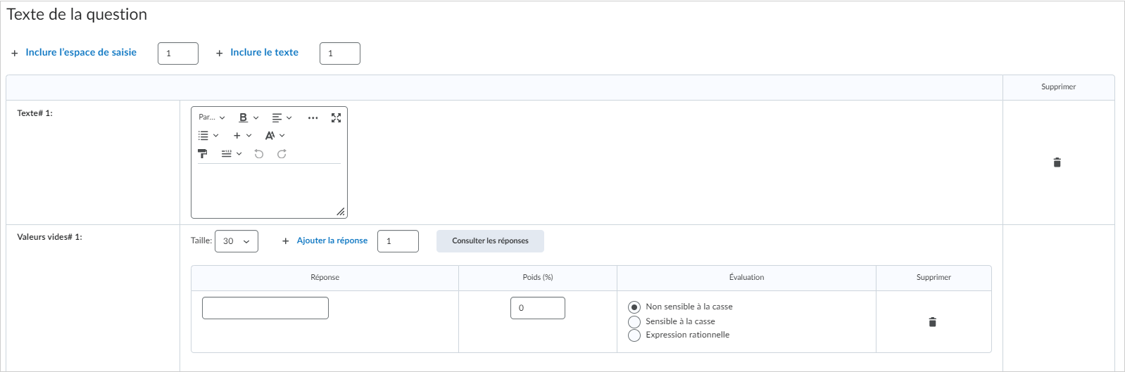 La zone Texte de la question de la page de création Question de type réponse à compléter.