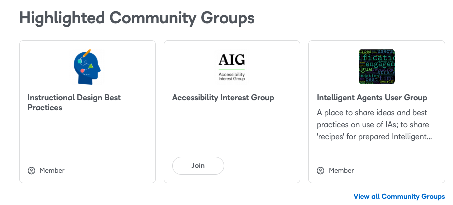 Screenshot of the Community homepage showing the ‘Highlighted Community Groups’ section with featured groups displayed as cards, including group names, brief descriptions, and join or member status.