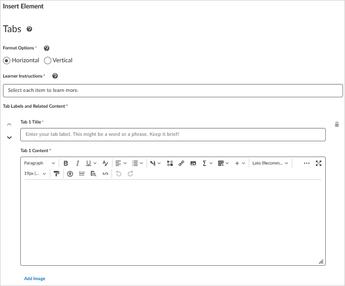 The Insert Element dialog for Tabs. There are format otions, learner instructions, and tab title fields. The bottom has an add image option.