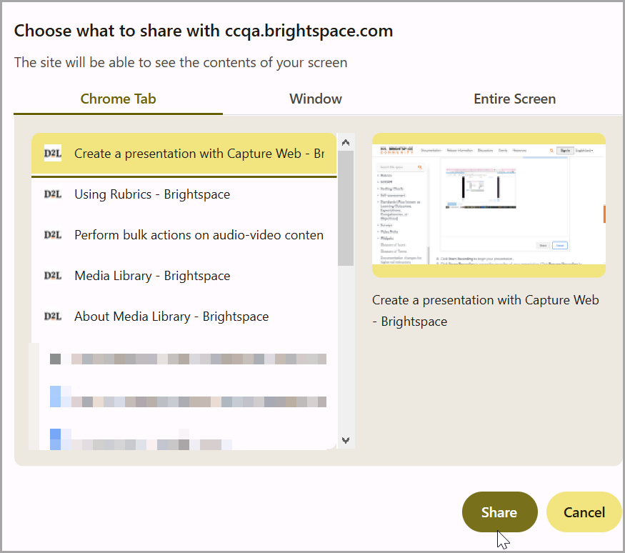 The Share Screen dialog displaying the browser tab, the Window tab, and the Entire Screen tab. The Share and Cancel buttons display at the bottomr right.