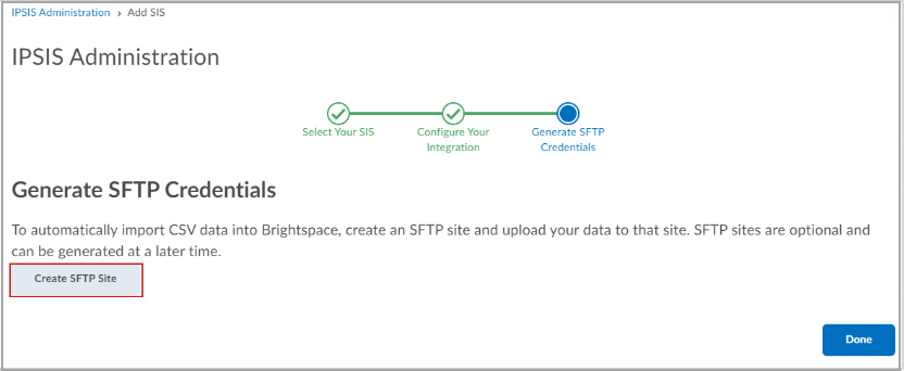 Clique em Criar site SFTP no fluxo de trabalho gerar credenciais SFTP.