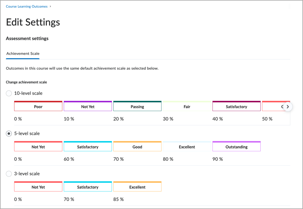 The Edit Settings page showing the achievement scales that can be selected