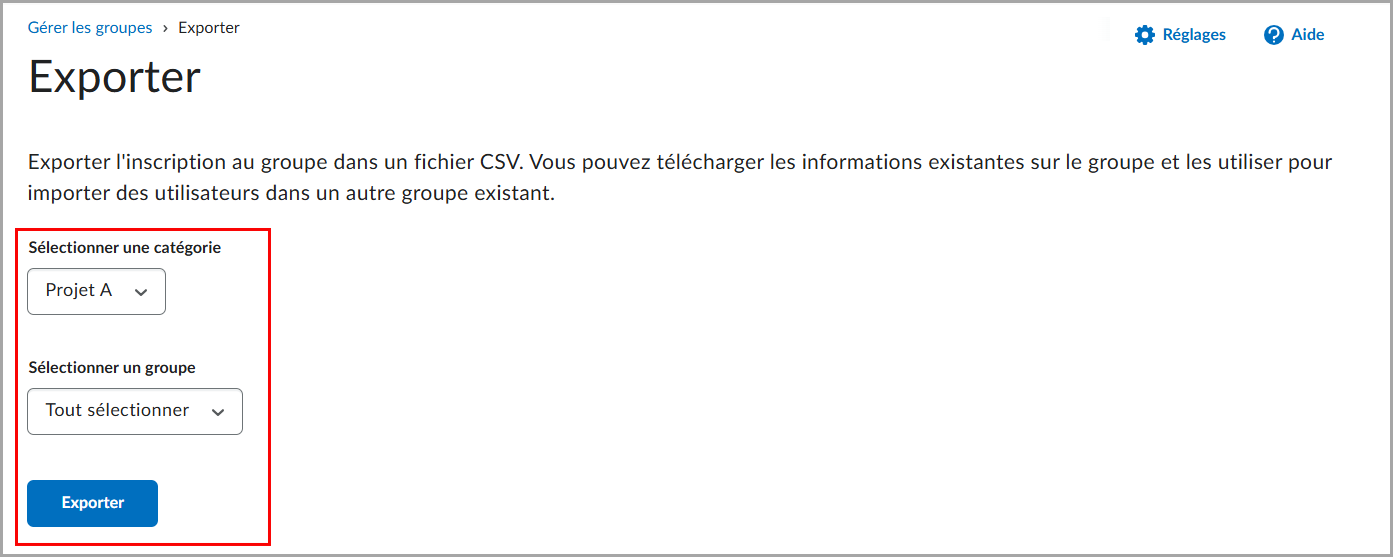 La page Exporter, qui comprend une catégorie, des menus déroulants de groupes et le bouton Exporter pour les groupes.