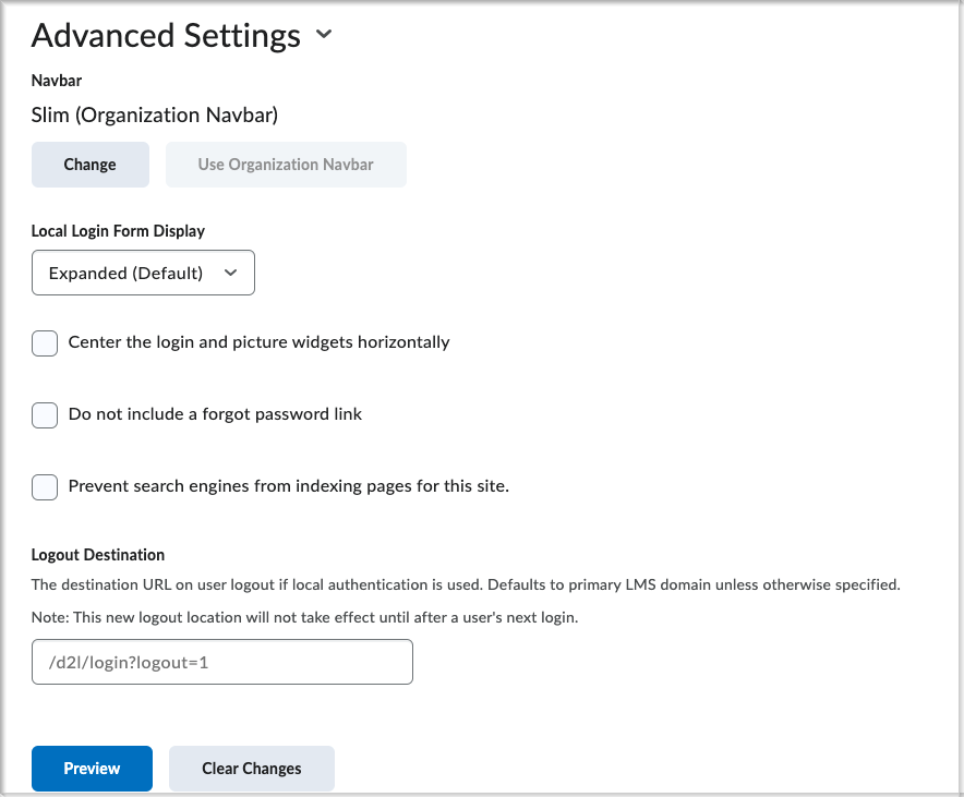 A parte Configurações avançadas da página Gerenciamento da página de logon mostrando as configurações da barra de navegação, Exibição do formulário de logon local, Centralizar os widgets de logon e imagem horizontalmente, Não incluir um link de senha esquecida, Impedir que os mecanismos de pesquisa indexem páginas para este site e Destino de logout.