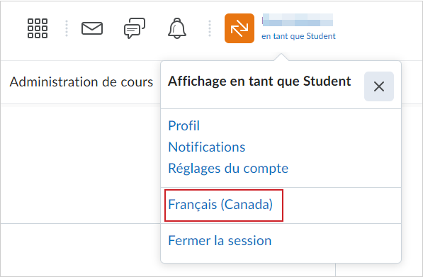 Le menu User Settings (réglages de l’utilisateur) avec la langue courante en surbrillance.