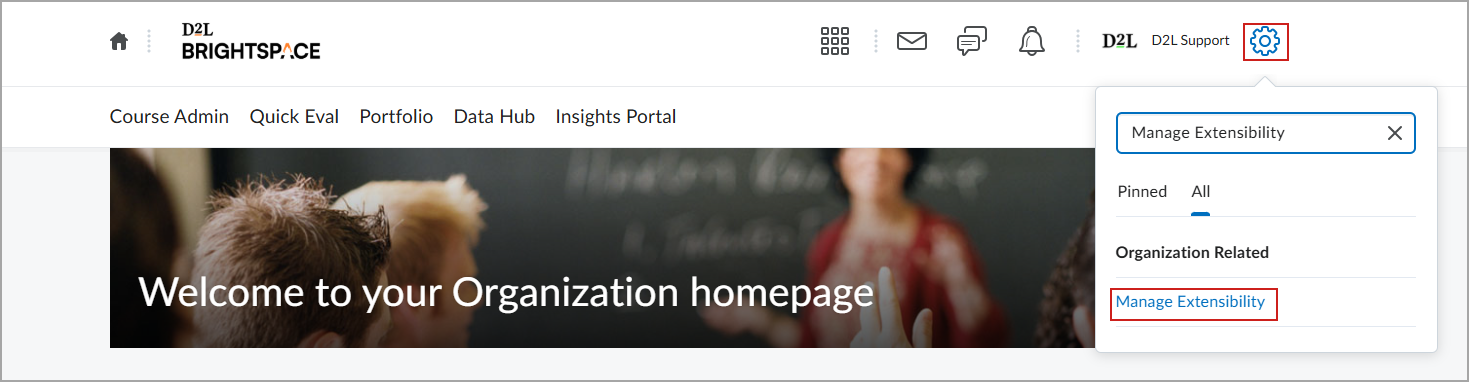 La page Gérer l'extensibilité dans Brightspace
