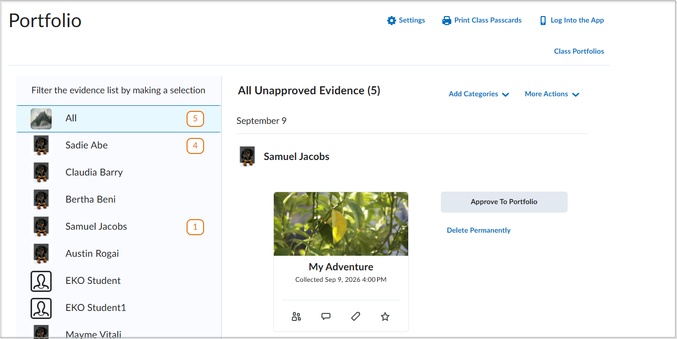From the Approval page, the New icon on a piece of newly submitted evidence and a numeric value on a learner name, indicating the number of unapproved pieces of evidence