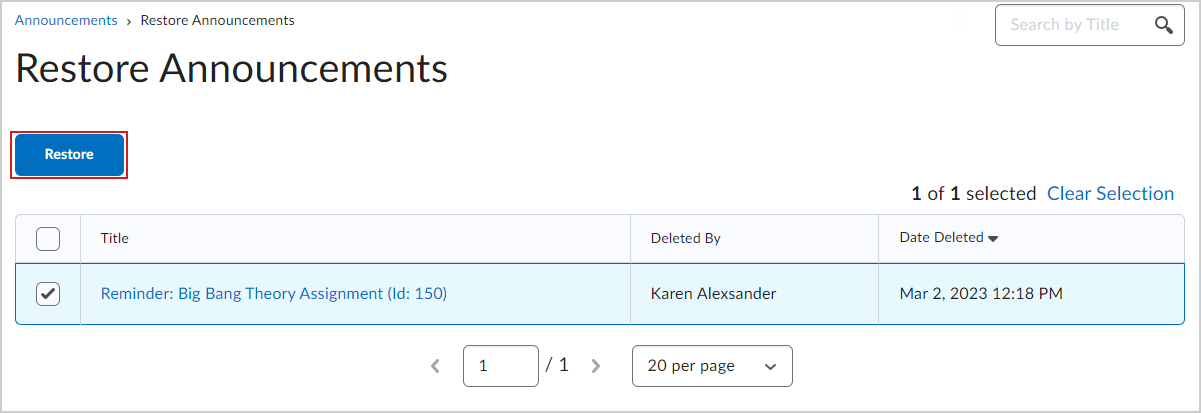 The Restore button on the Restore Announcements page.