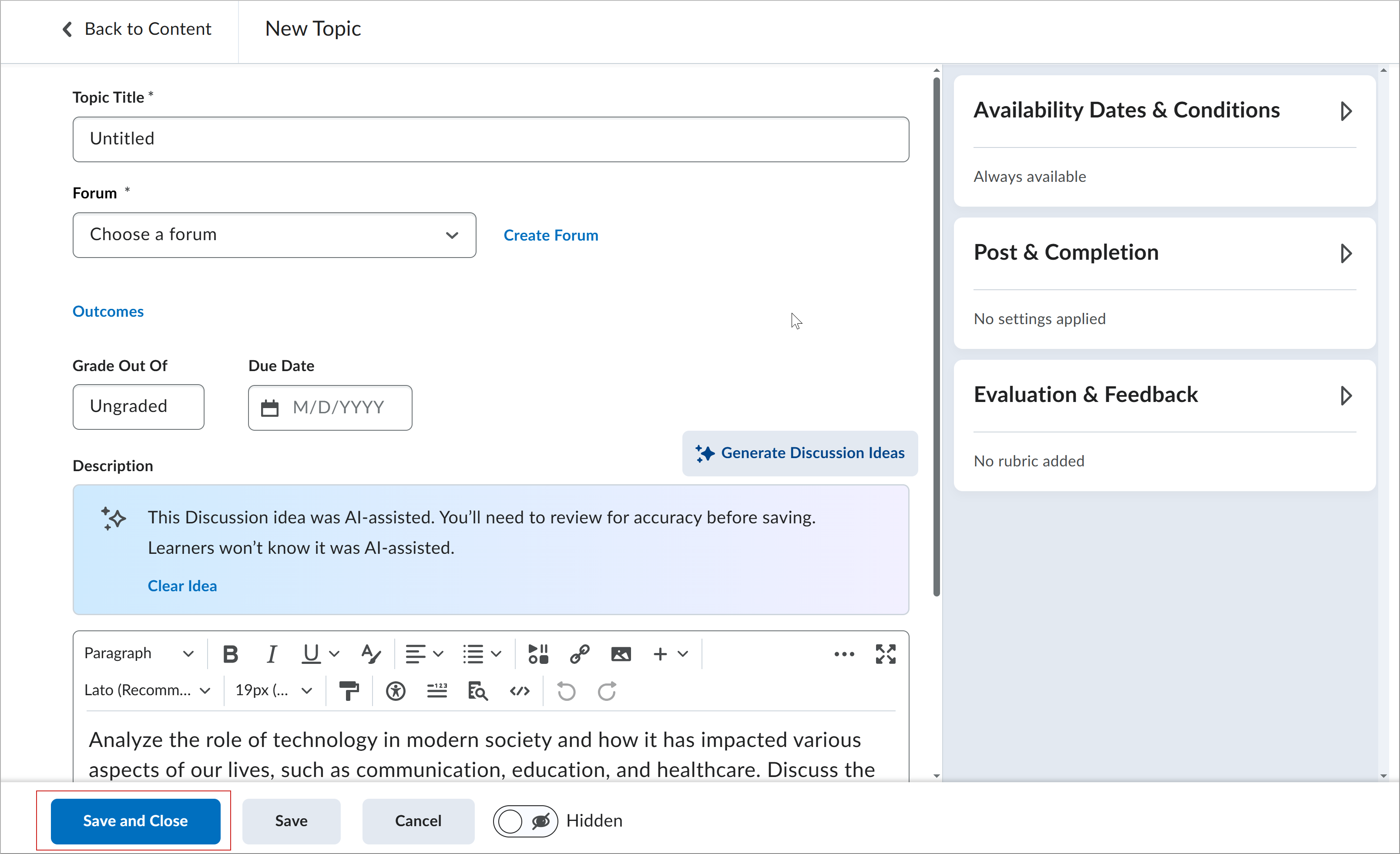 The New Topic dialog with Save and Close highlighted.
