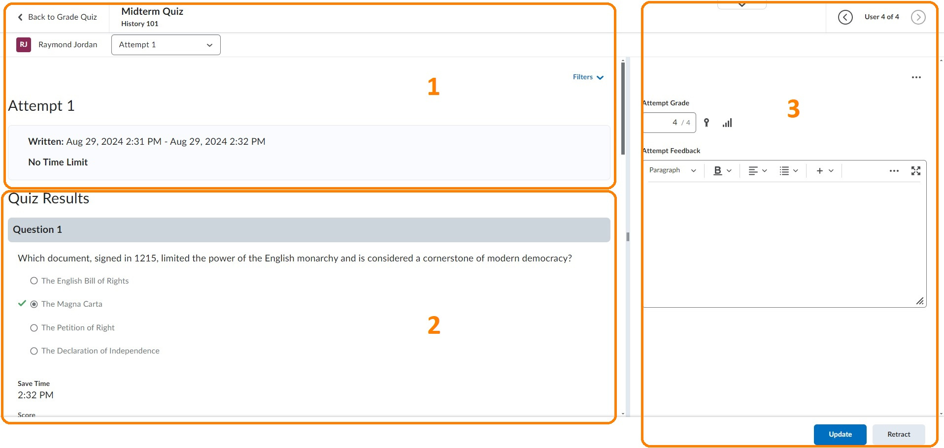 The new quiz evaluation experience with a breakdown of each section