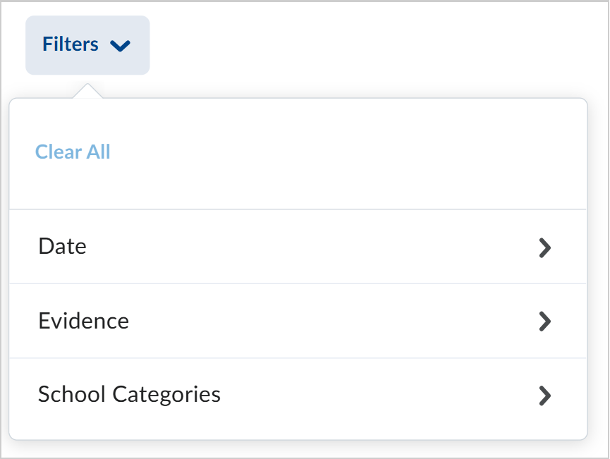 The Filters drop-down menu showing the Date, Evidence, and School Categories filters