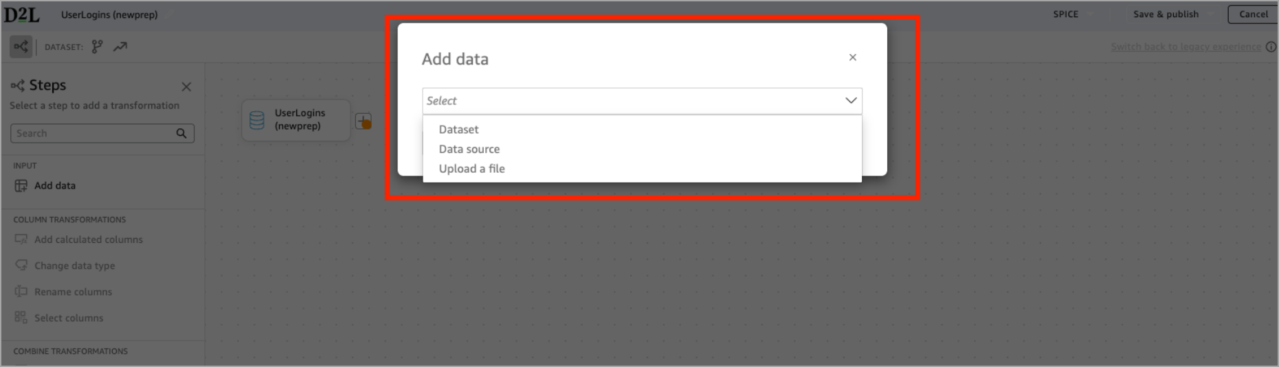 Adicionar pop-up de dados com o menu suspenso Selecionar aberto, mostrando as opções: Conjunto de dados, Fonte de dados e carregamento a file.