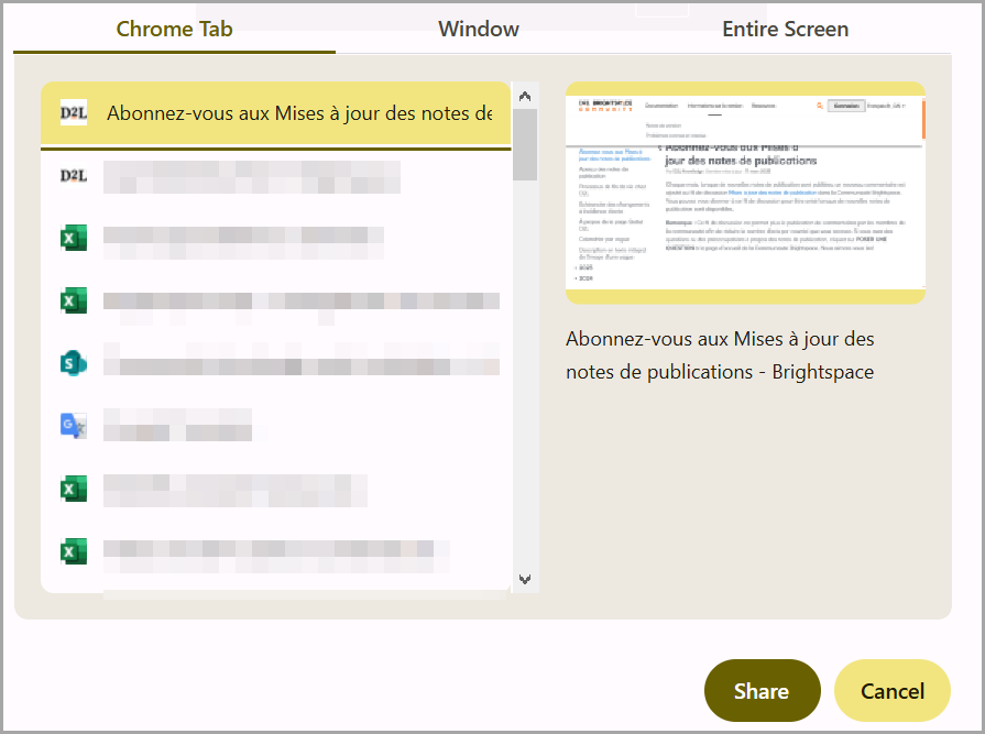 La boîte de dialogue Partager l'écran présente l'onglet « onglet du navigateur », l'onglet « fenêtre » et l'onglet « tout l'écran ». Les boutons Partager et Annuler se trouvent dans la partie inférieure droite de l'écran.