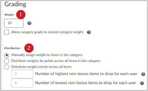 De instellingen voor Grading Weight en Distribution