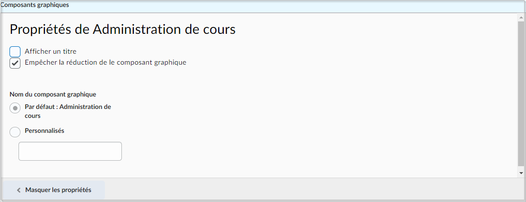 Les options Interdire la réduction du composant graphique et Afficher un titre dans Propriétés du fil d'activité.