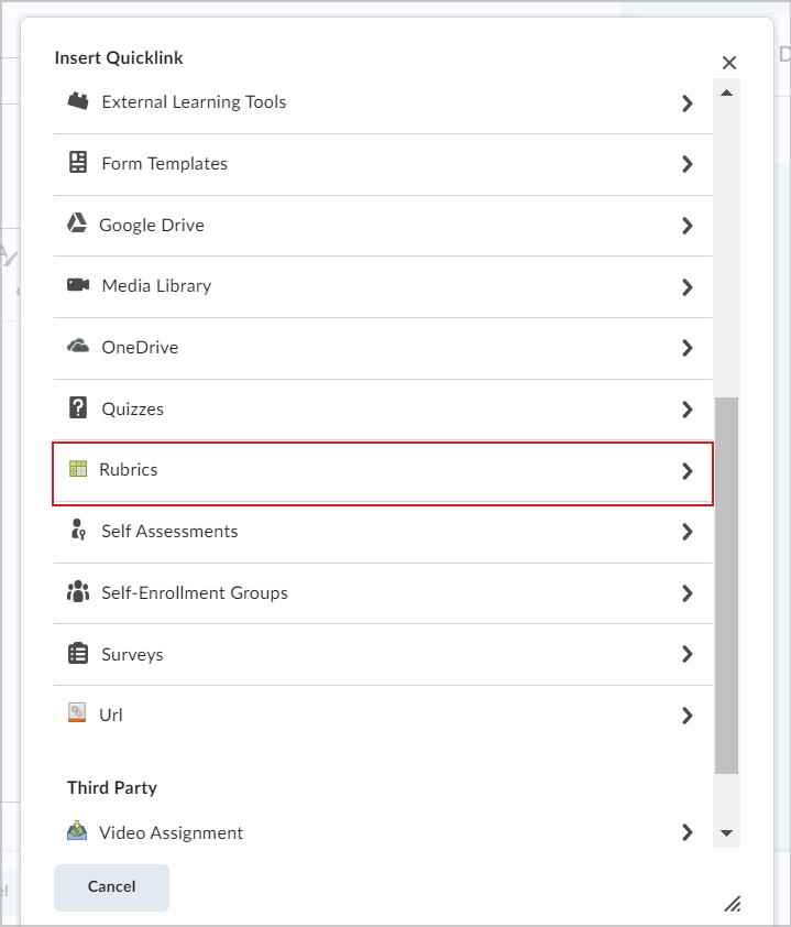 The Insert Quicklink dialog showing the Rubrics option.