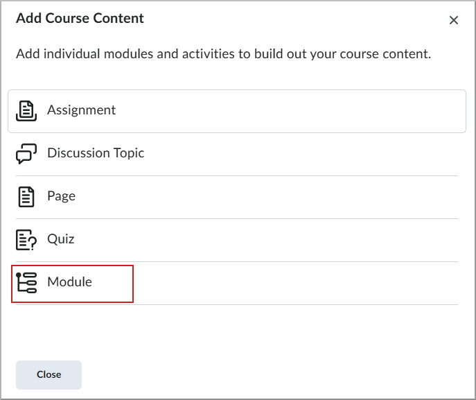 L'option module sélectionnée dans le menu Ajouter du contenu.
