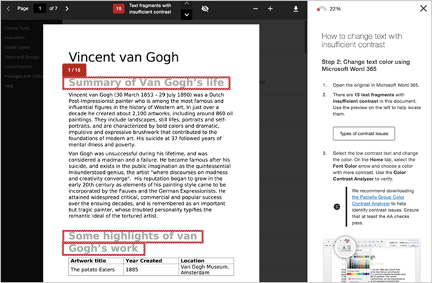 Het menu Toegankelijkheid herstellen, waarin gebieden van de inhoud worden gemarkeerd die toegankelijkheidsproblemen hebben.