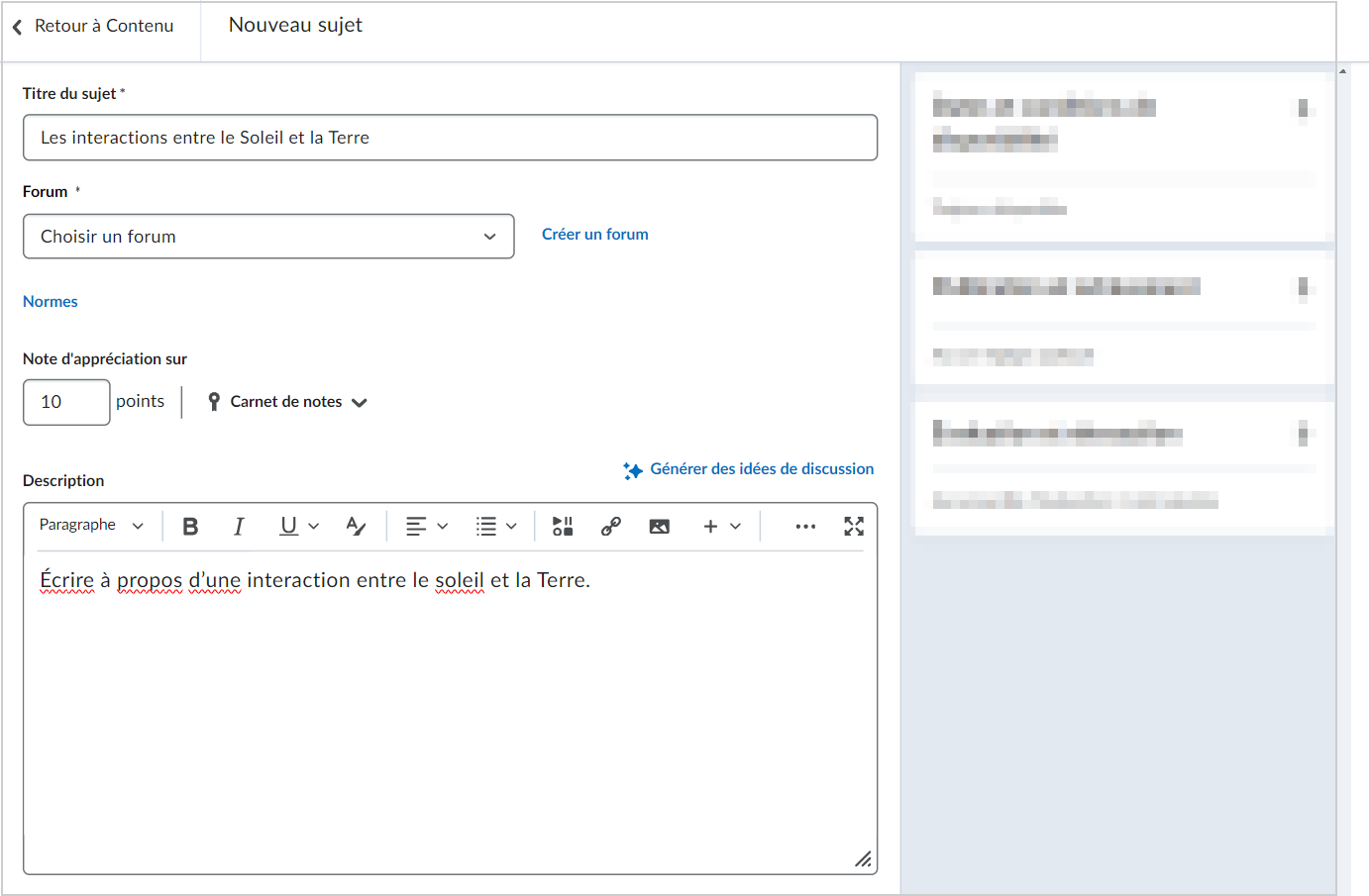 Les champs Titre du sujet, Note sur et Description.