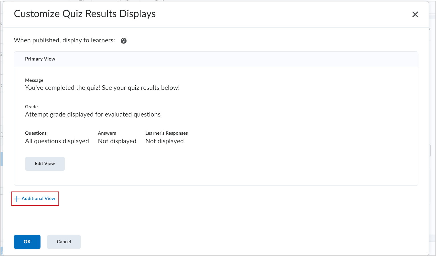 The Customize Quiz Results Displays dialog showing the Additional View button.