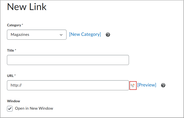 Caixa de diálogo Novo link com o ícone Quicklink destacado.