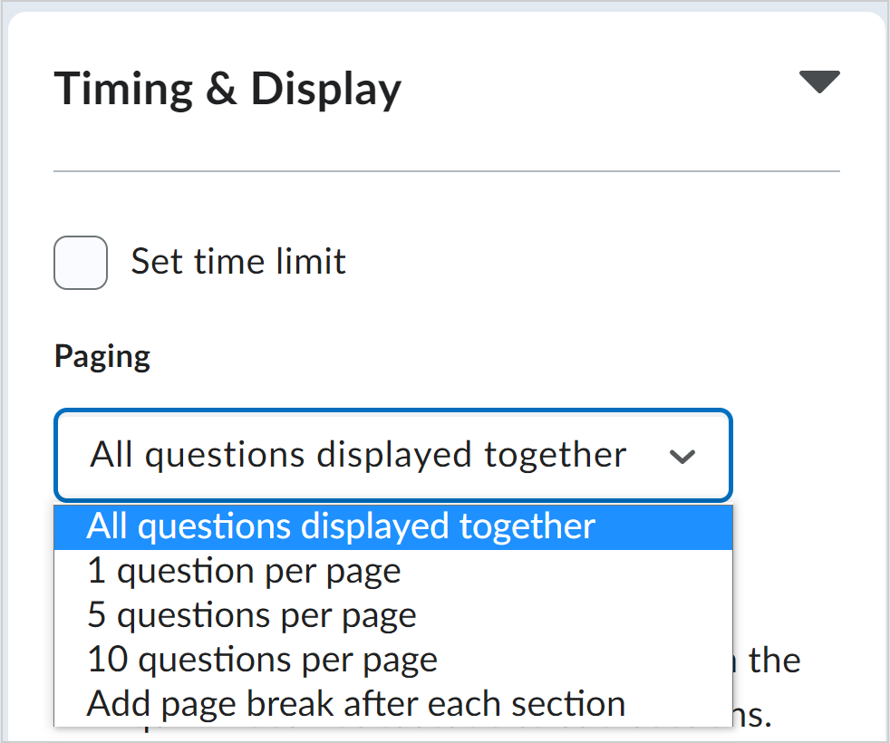 The new paging options in the new quiz creation experience showing paging options for 5 and 10 questions per page