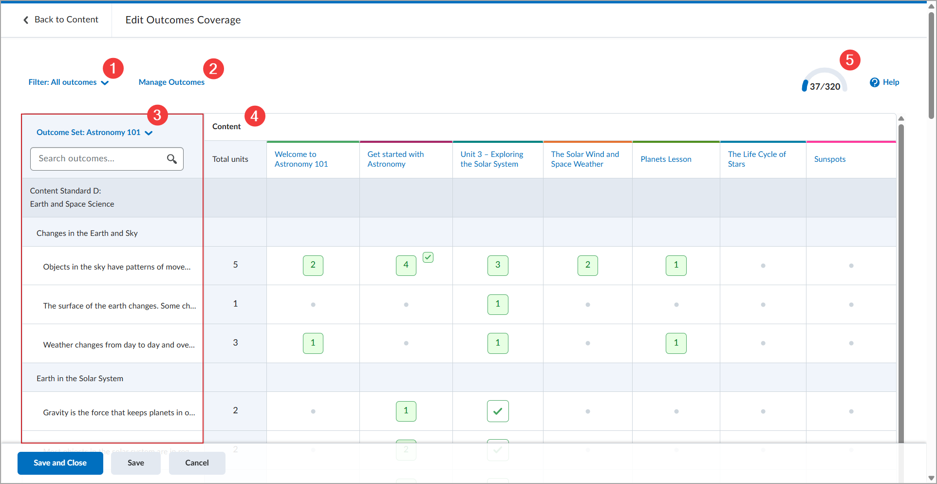 De pagina Dekking van resultaten bewerken met resultaatfilters, de resultaatset, het toewijzingsraster voor inhoud en een indicator voor de dekkingsvoortgang