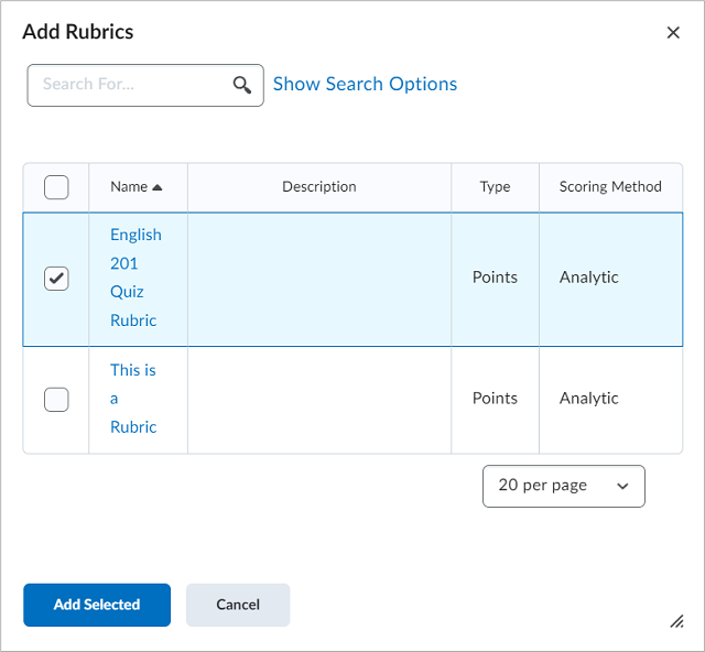 The Add Rubrics page with a rubric selected