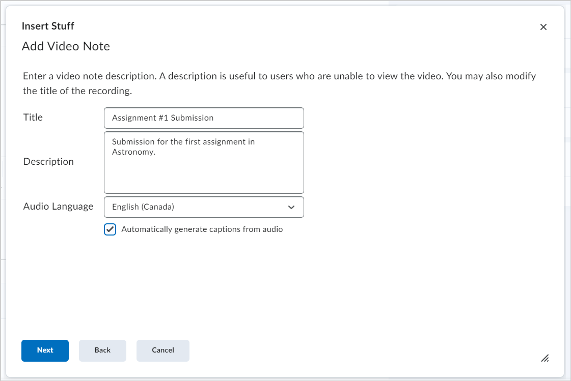 The Title, Description, and Audio Language fields for a video note. The Automaically generate captions from audio check box is below.