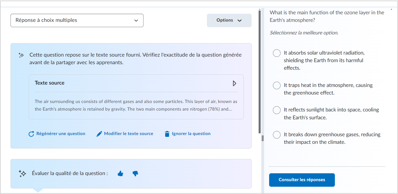 Une question générée présentant les options Regénérer une question, Modifier le texte source et Ignorer la question. Le pouce vers le haut et vers le bas est également disponible ci-dessous.