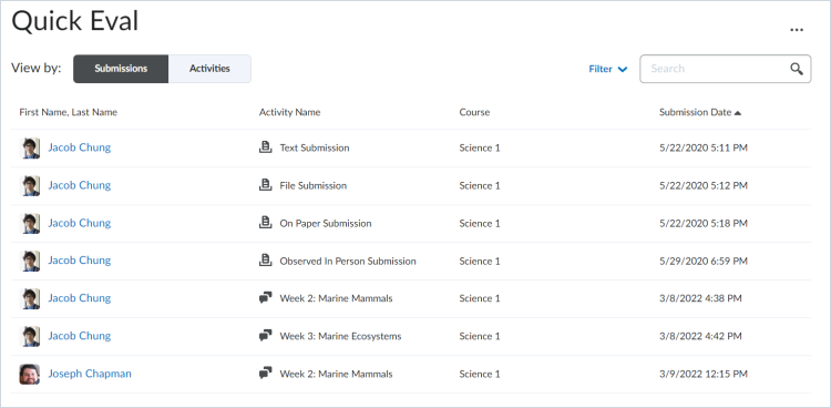 The Quick Eval page using the View by: Submissions tab.