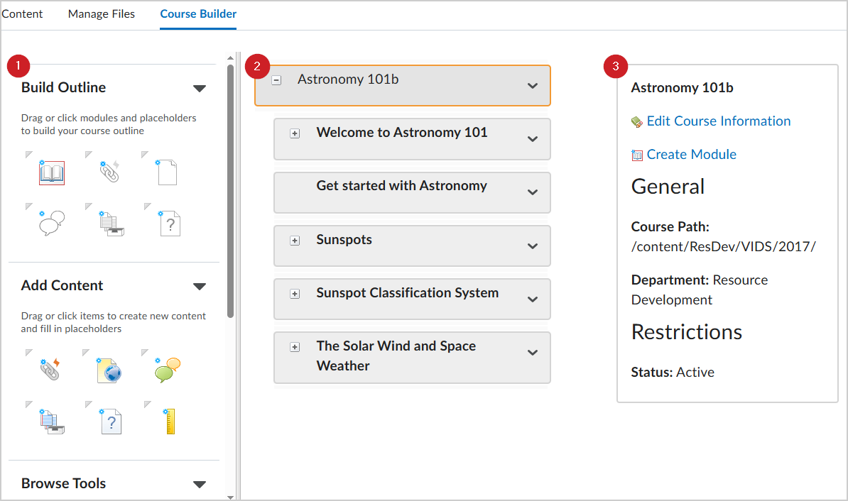 Visual tour of the Course Builder landing page, with the Toolbox on the left, Course Tree in the center, and Selected Node Panel on the right.